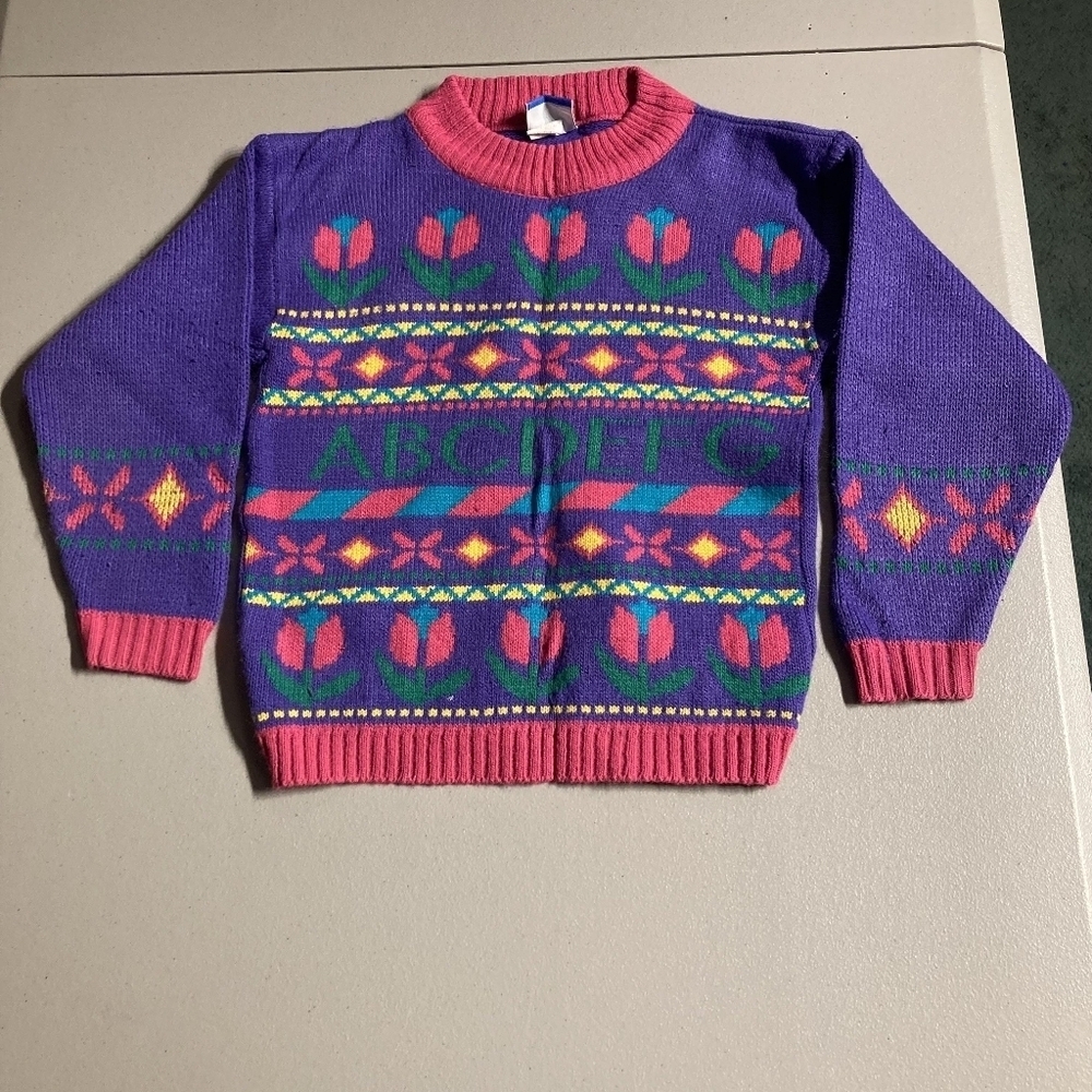 Vintage New Moves Made In USA Girl's Size 5/6 Floral Alphabet Fairisle Sweater